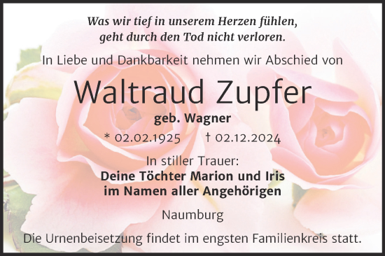 Traueranzeige von Waltraud Zupfer von Super Sonntag Naumburg/Nebra