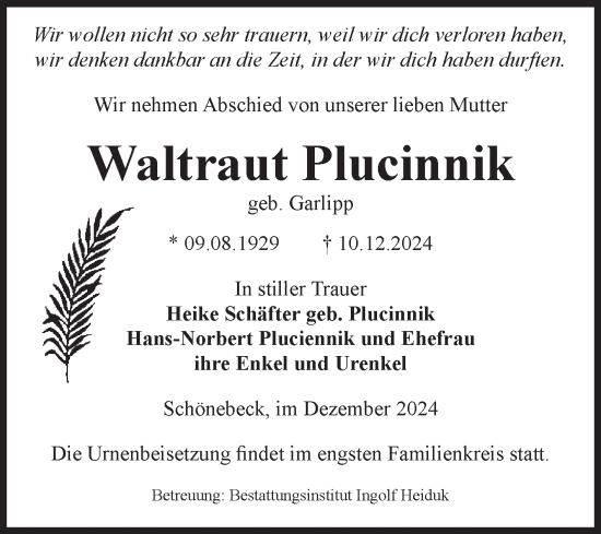Traueranzeige von Waltraut Plucinnik von Volksstimme Schönebeck