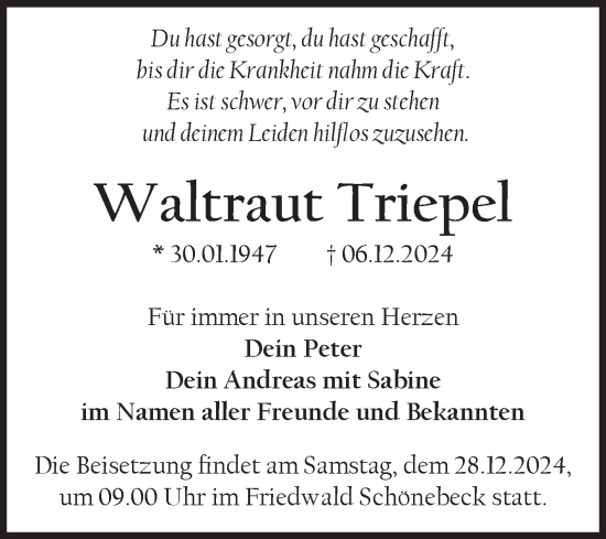 Traueranzeige von Waltraut Triepel von Volksstimme Magdeburg