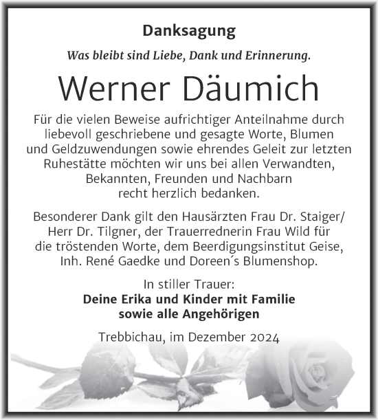Traueranzeige von Werner Däumich von Trauerkombi Köthen