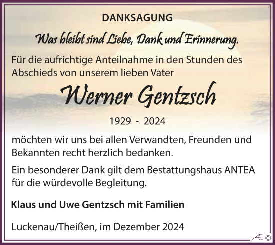 Traueranzeige von Werner Gentzsch von Trauerkombi Zeitz