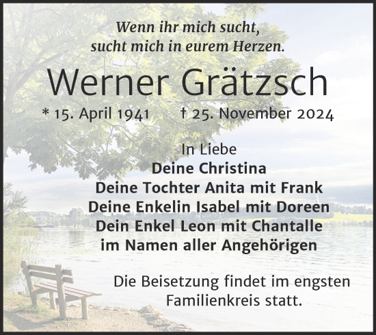 Traueranzeige von Werner Grätzsch von Trauerkombi Weißenfels
