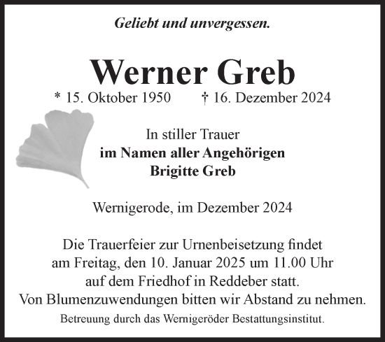 Traueranzeige von Werner Greb von Volksstimme Wernigerode