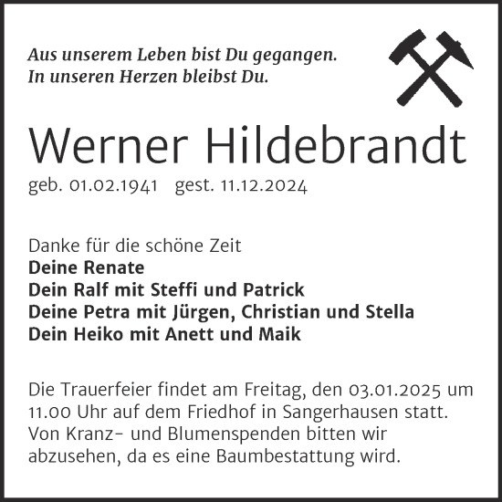 Traueranzeige von Werner Hildebrandt von Trauerkombi Sangerhausen