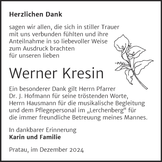 Traueranzeige von Werner Kresin von Trauerkombi Wittenberg
