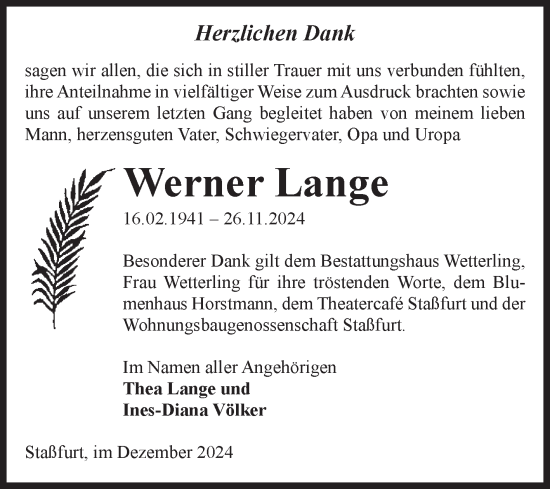 Traueranzeige von Werner Lange von Volksstimme Staßfurt