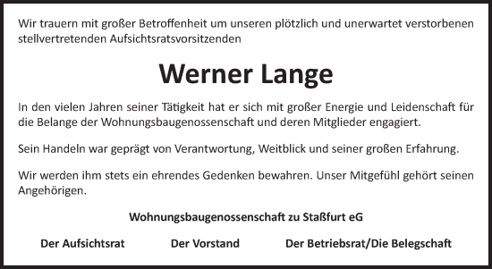 Traueranzeige von Werner Lange von Volksstimme Staßfurt