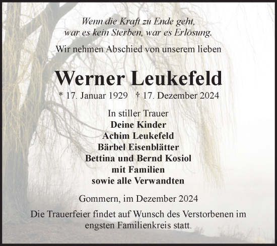 Traueranzeige von Werner Leukefeld von Volksstimme Burg/Genthin