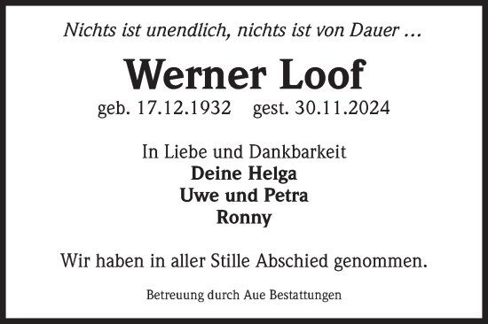 Traueranzeige von Werner Loof von Volksstimme Magdeburg