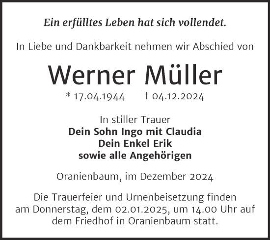 Traueranzeige von Werner Müller von Trauerkombi Wittenberg