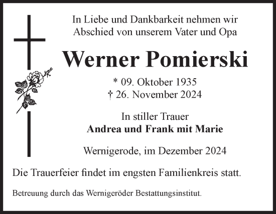 Traueranzeige von Werner Pomierski von Volksstimme Wernigerode