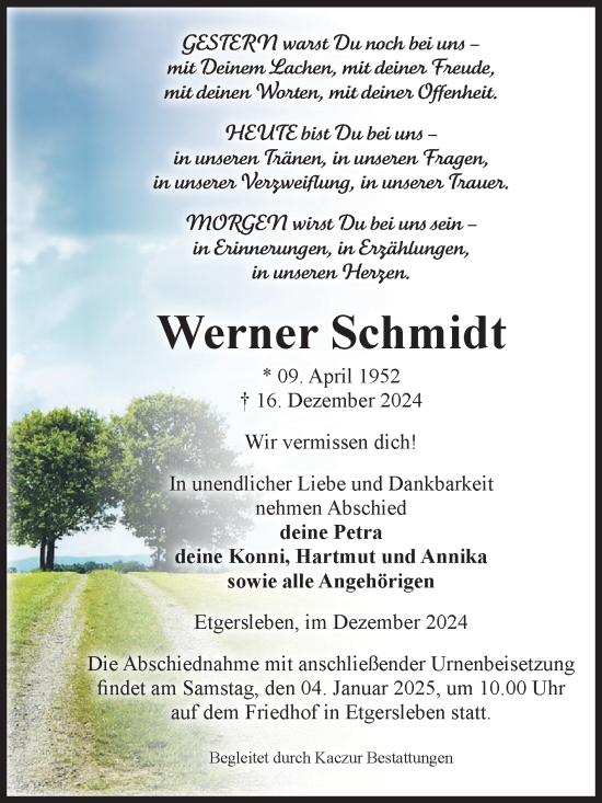 Traueranzeige von Werner Schmidt von Volksstimme Staßfurt