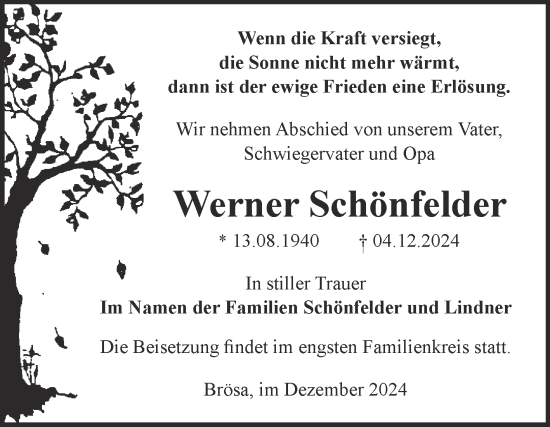Traueranzeige von Werner Schönfelder von Trauerkombi Bitterfeld