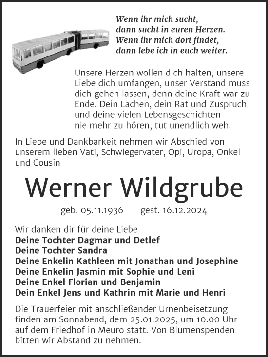 Traueranzeige von Werner Wildgrube von Trauerkombi Wittenberg