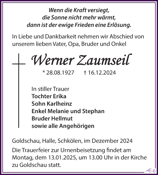 Traueranzeige von Werner Zaumseil von Trauerkombi Zeitz
