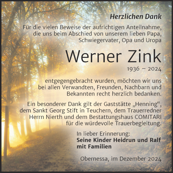 Traueranzeige von Werner Zink von Trauerkombi Weißenfels