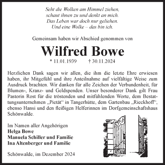 Traueranzeige von Wilfred Bowe von Volksstimme Altmark Ost