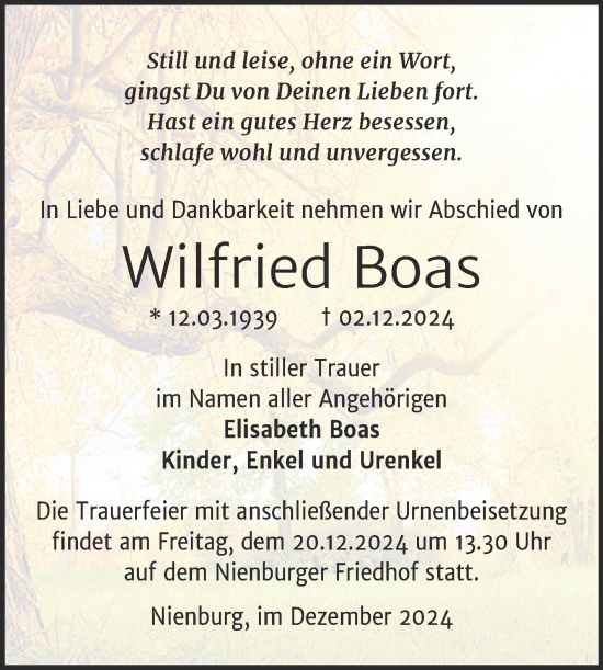 Traueranzeige von Wilfried Boas von Trauerkombi Bernburg