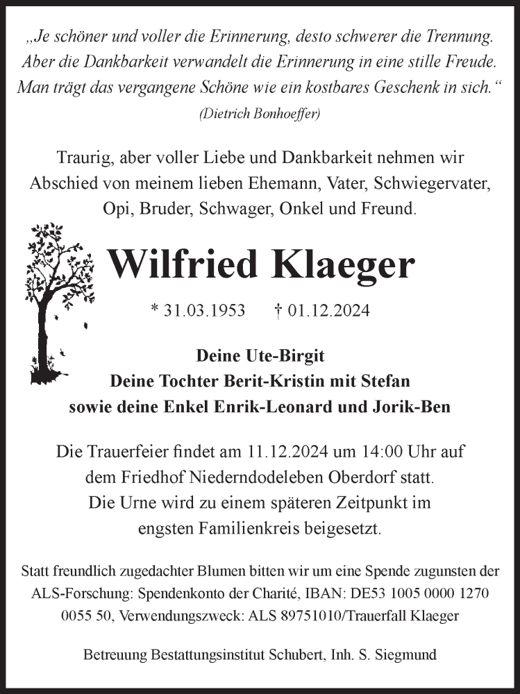  Traueranzeige für Wilfried Klaeger vom 07.12.2024 aus Volksstimme Oschersleben/Wanzleben