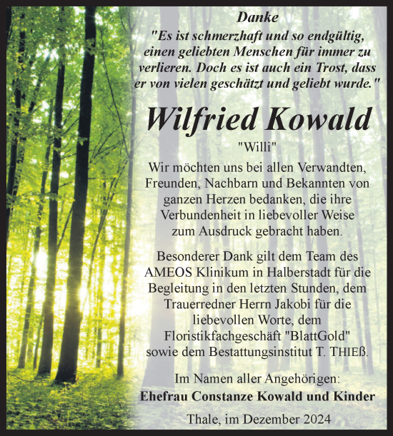 Traueranzeige von Wilfried Kowald von Trauerkombi Quedlinburg