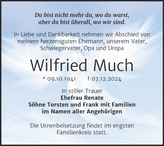 Traueranzeige von Wilfried Much von Trauerkombi Bernburg
