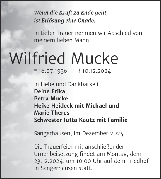 Traueranzeige von Wilfried Mucke von Trauerkombi Sangerhausen