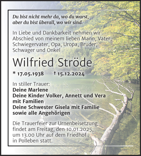 Traueranzeige von Wilfried Ströde von Trauerkombi Mansfelder Land