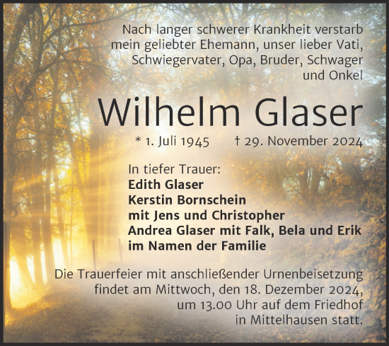 Traueranzeige von Wilhelm Glaser von Trauerkombi Sangerhausen