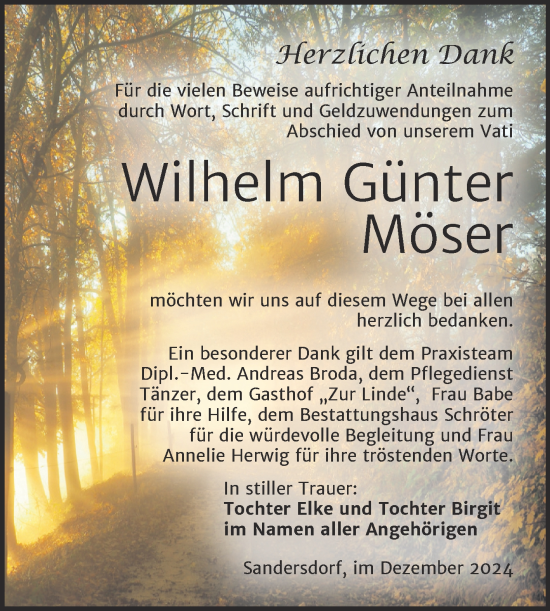 Traueranzeige von Wilhelm Günter Möser von Trauerkombi Bitterfeld