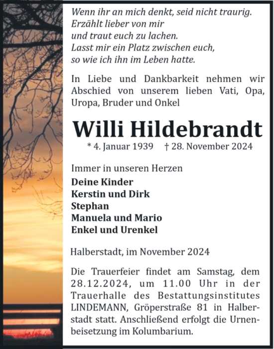 Traueranzeige von Willi Hildebrandt von Volksstimme Halberstadt