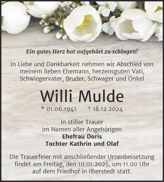 Traueranzeige von Willi Mulde von Trauerkombi Bernburg