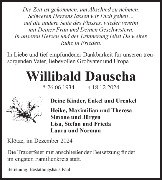 Traueranzeige von Willibald Dauscha von Volksstimme Altmark West