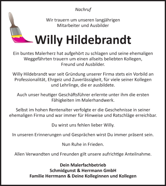 Traueranzeige von Willy Hildebrandt von Volksstimme Halberstadt