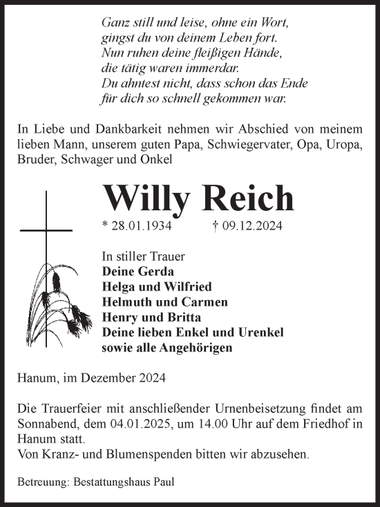 Traueranzeige von Willy Reich von Volksstimme Altmark West