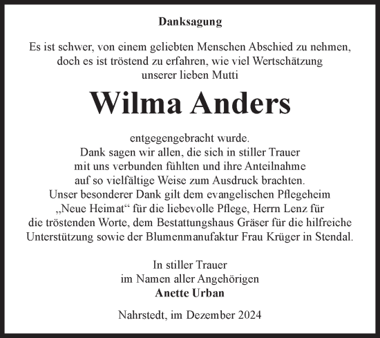 Traueranzeige von Wilma Anders von Volksstimme Altmark Ost