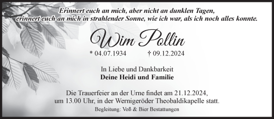 Traueranzeige von Wim Pollin von Volksstimme Wernigerode