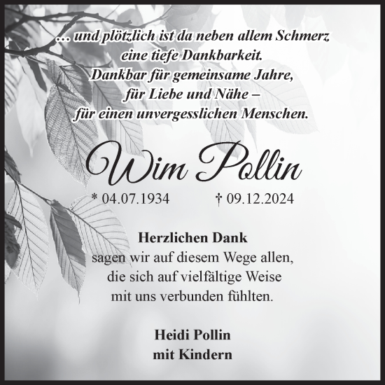 Traueranzeige von Wim Pollin von Volksstimme Wernigerode