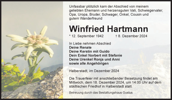 Traueranzeige von Winfried Hartmann von Volksstimme Halberstadt