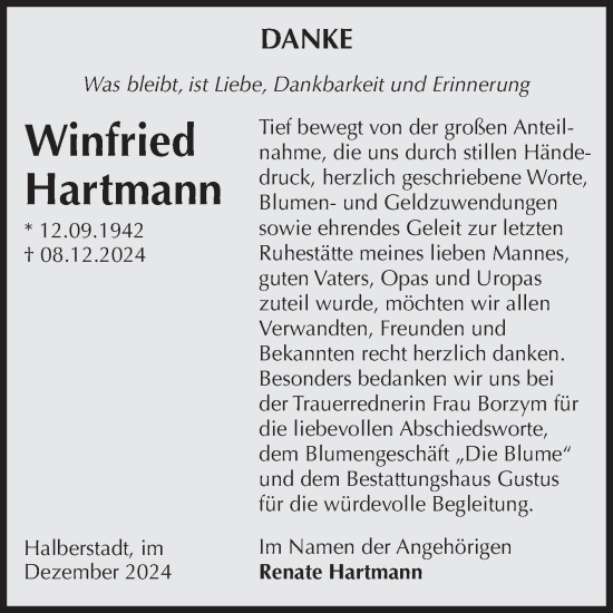 Traueranzeige von Winfried Hartmann von Volksstimme Halberstadt