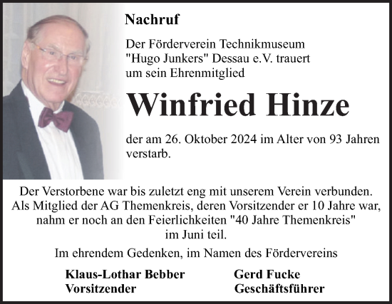 Traueranzeige von Winfried Hinze von Trauerkombi Dessau