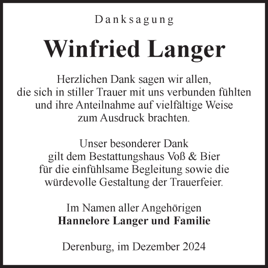 Traueranzeige von Winfried Langer von Volksstimme Wernigerode