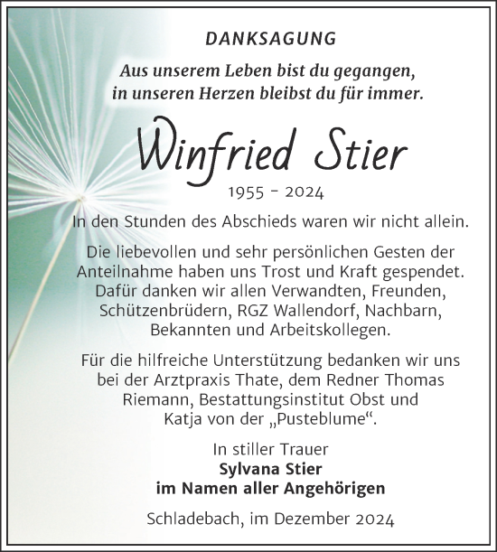 Traueranzeige von Winfried Stier von Trauerkombi Merseburg