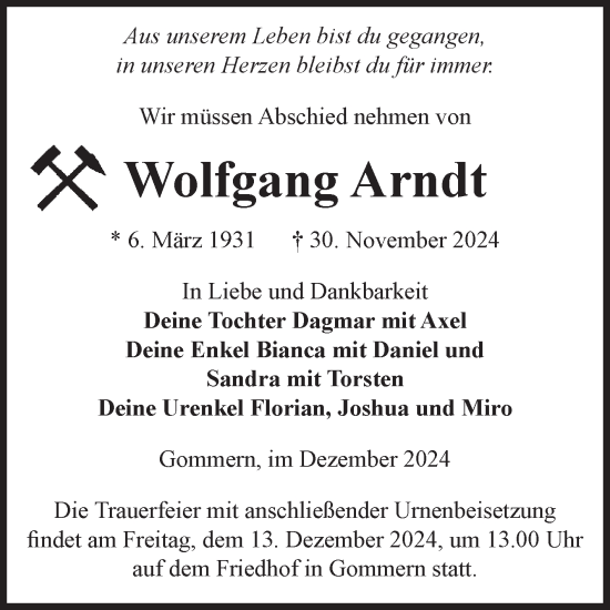 Traueranzeige von Wolfgang Arndt von Volksstimme Burg/Genthin