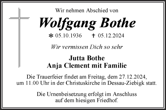 Traueranzeige von Wolfgang Bothe von Trauerkombi Dessau