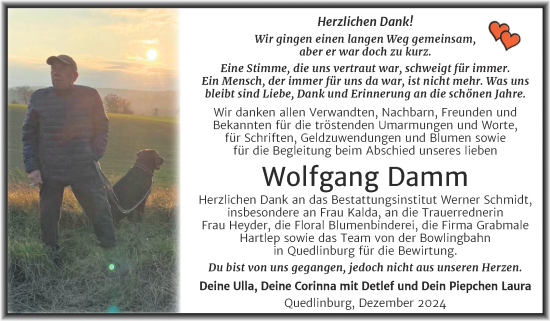 Traueranzeige von Wolfgang Damm von Trauerkombi Quedlinburg