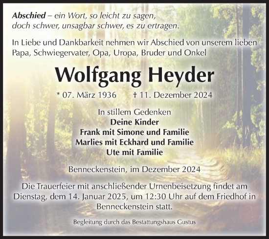 Traueranzeige von Wolfgang Heyder von Volksstimme Wernigerode