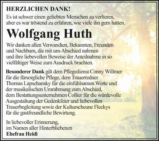 Traueranzeige von Wolfgang Huth von Trauerkombi Dessau
