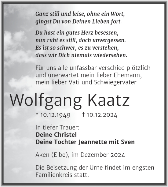Traueranzeige von Wolfgang Kaatz von Trauerkombi Köthen