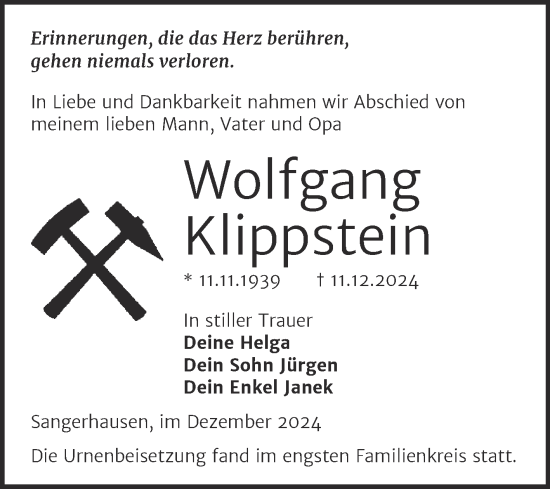 Traueranzeige von Wolfgang Klippstein von Mitteldeutsche Zeitung Sangerhausen