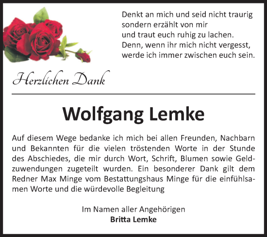 Traueranzeige von Wolfgang Lemke 